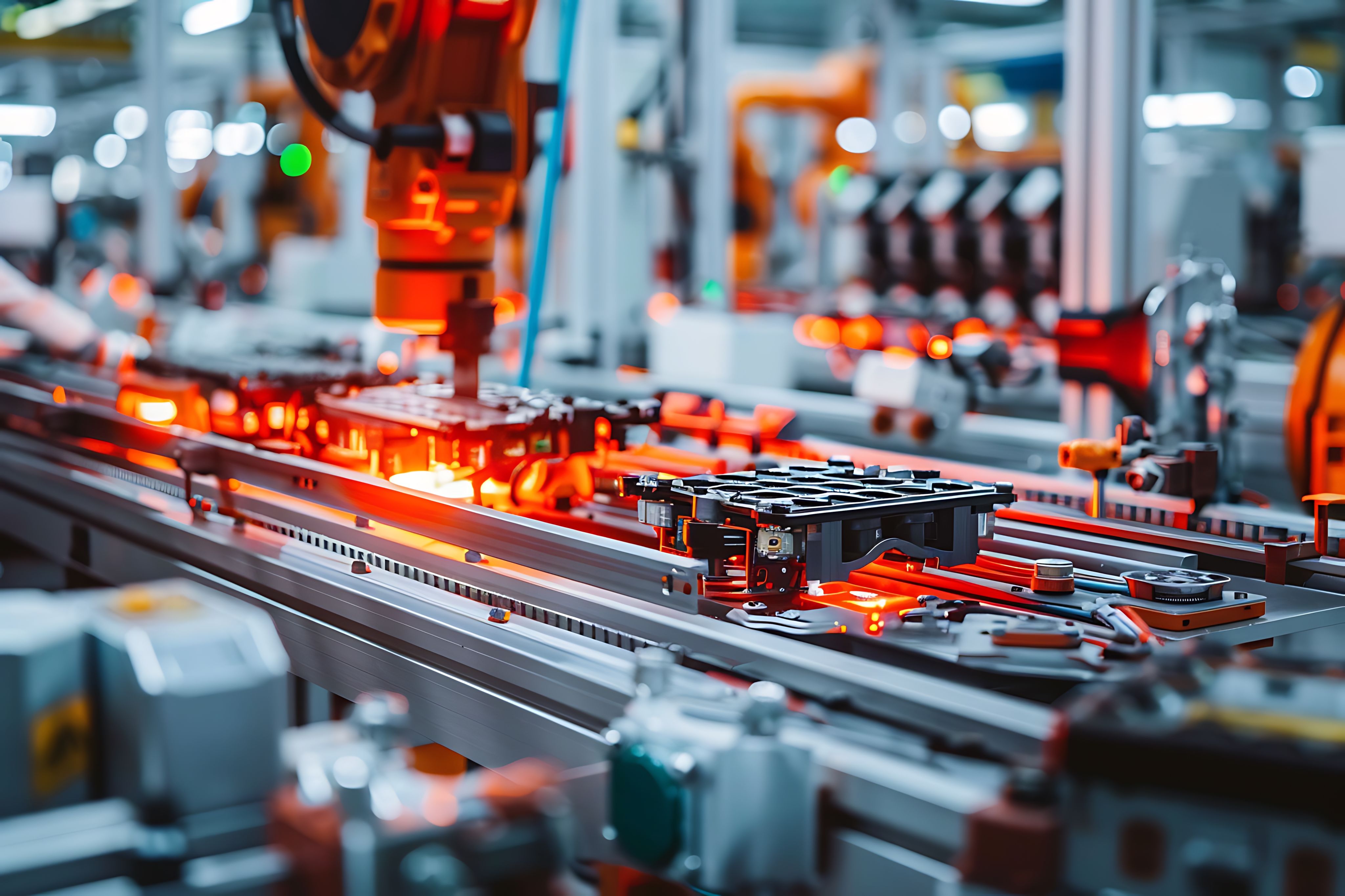 a machine on a factory production line glowing