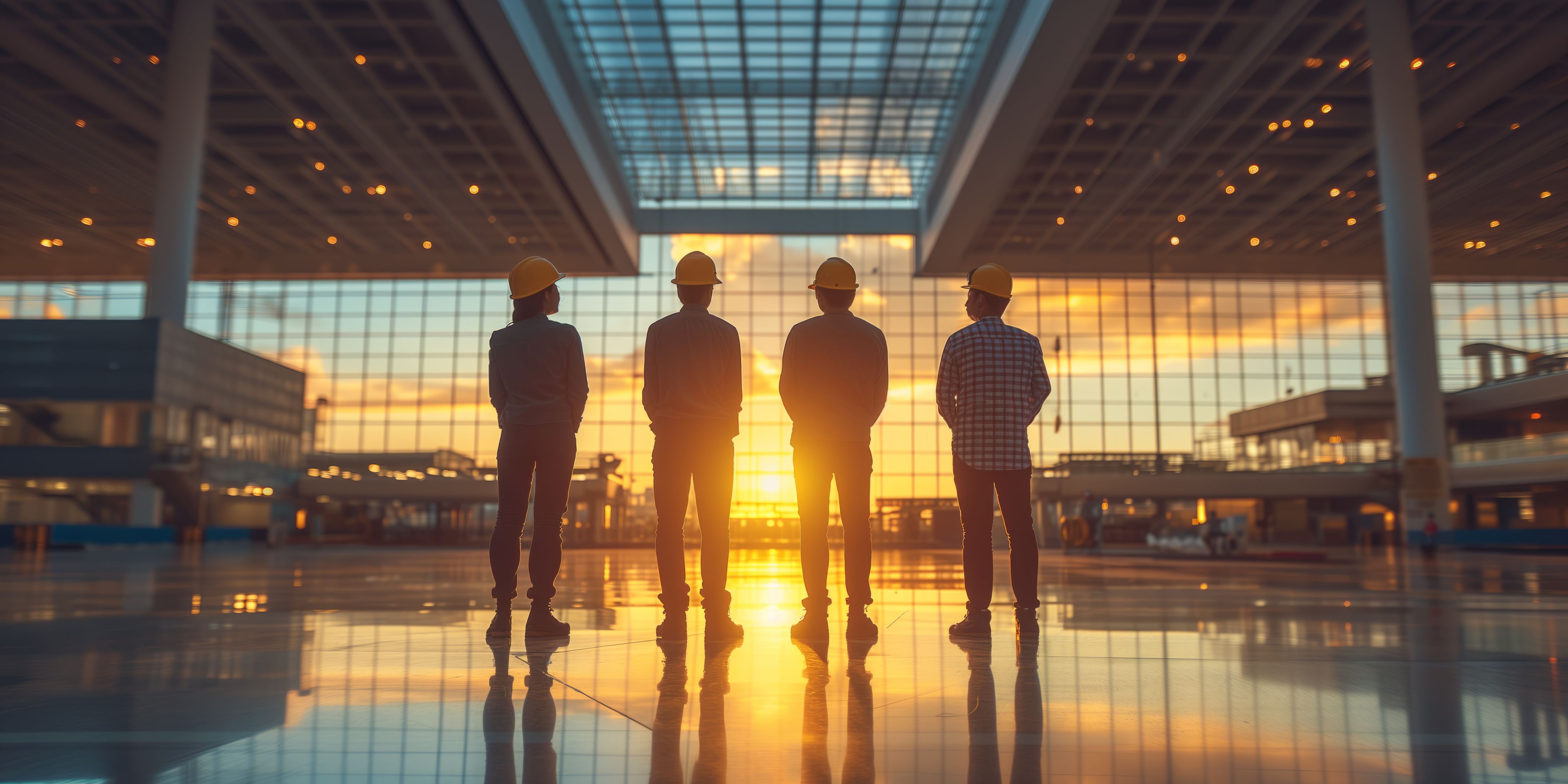 four workers in hardhats look at a sunset through a large wall of windows